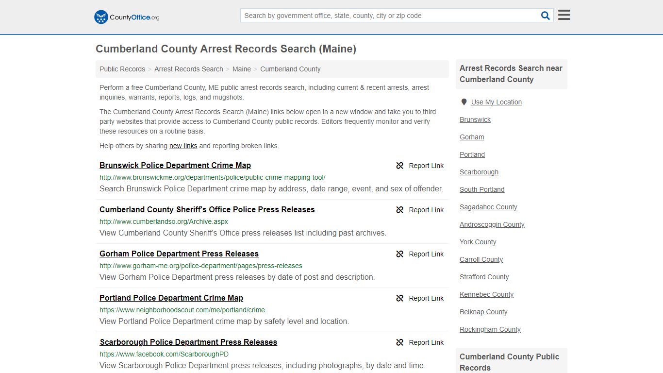 Cumberland County Arrest Records Search (Maine) - County Office